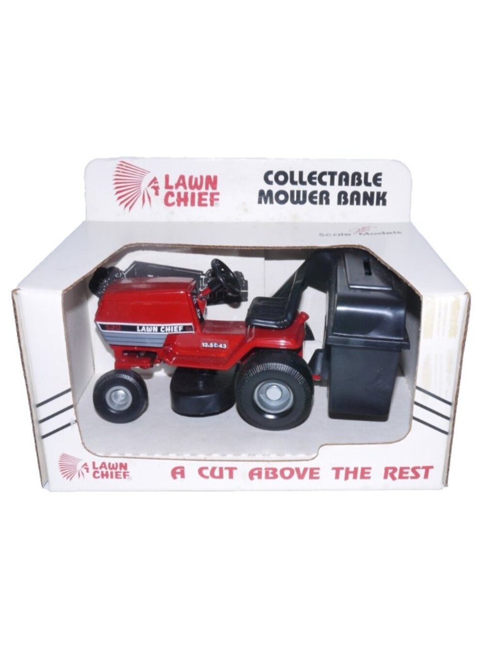 Lawn Chief red metal riding mower coin, piggy, still bank 5.5" long 1/16 scale